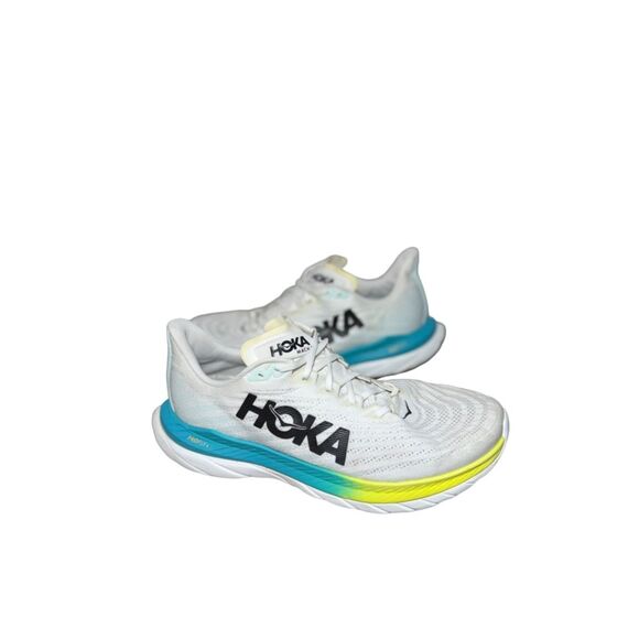 Hoka Mach White Running Shoe with Black Logo and Blue-to-Yellow Gradient size 13 main image 4
